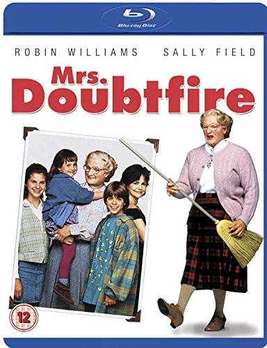 Blu-ray cover for Mrs. Doubtfire featuring Robin Williams in character holding a broom.