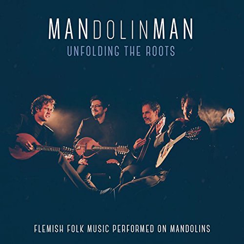 "CD cover with four men playing mandolins on a dark blue background."