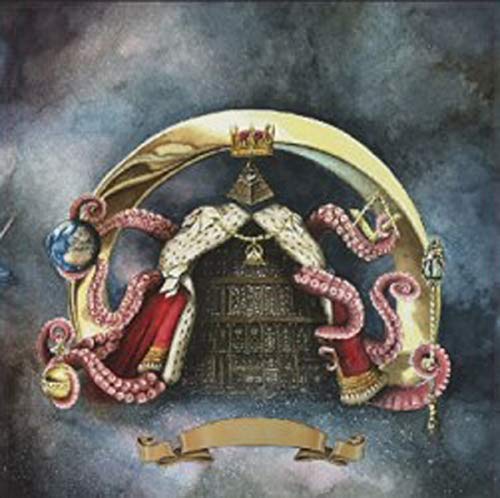 Painting of a regal figure embraced by octopus tentacles and a golden arch.