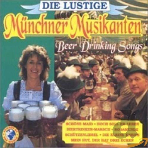 CD cover: Bavarian musicians, woman with beer steins, festive scene.