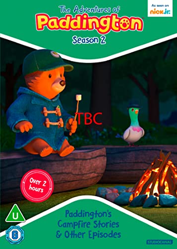 Paddington Bear toasting a marshmallow by a campfire with a duck.