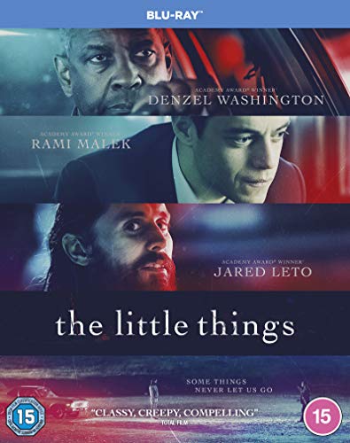 "Blu-ray cover for 'The Little Things' featuring three men's faces and a crime scene."