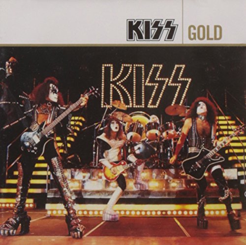 Kiss band members in stage makeup performing with instruments.