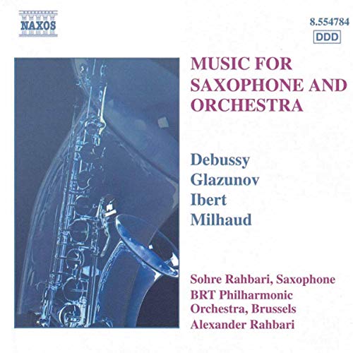 CD cover featuring a saxophone, orchestra, and composers’ names.