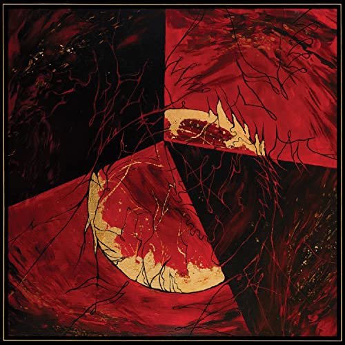 Abstract red and black painting with gold accents, CD cover art.