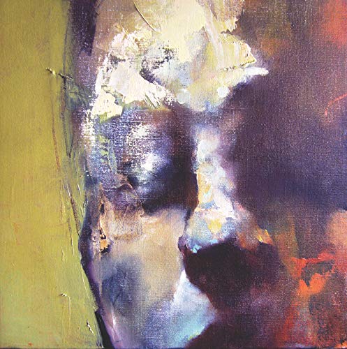 Abstract painting with textured brushstrokes in shades of yellow, purple, and white.