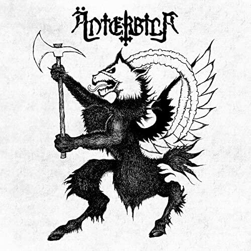 Black and white illustration of a winged, horned beast holding an axe.