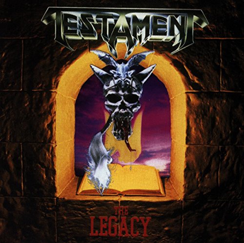 "Album cover with skull, quill, and book in an arched doorway, dark stone background."