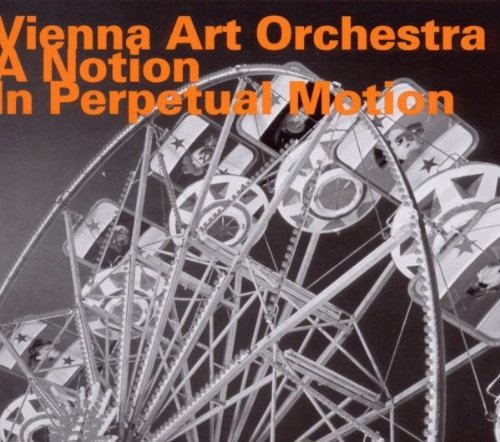 "Album cover with black and white Ferris wheel image and orange text."