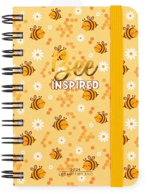 Legami - Small Spiral Daily Diary, 12 Months, from January 2024 to December 2024, Folding Planner 2024/2025, Elastic Closure, Final Pocket, Address Book, 8.5x13 cm, Bee Theme