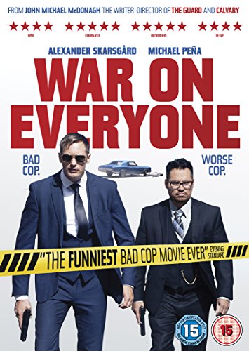 DVD cover for "War On Everyone" featuring two men in suits holding guns.