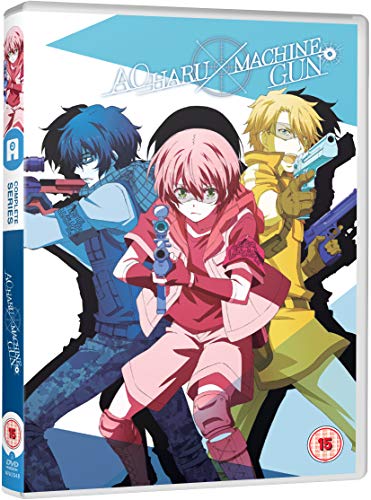 "Aoharu X Machinegun" DVD case featuring three anime characters holding guns on a white background.