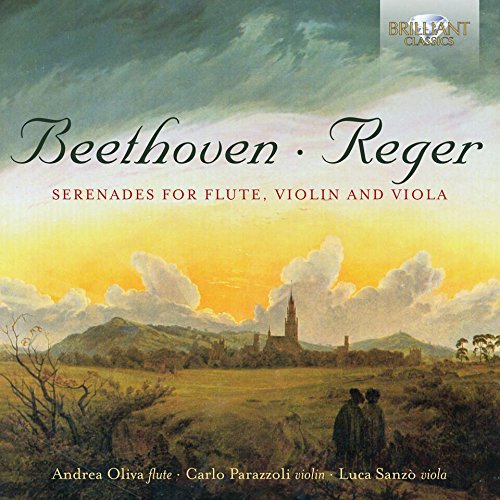 "CD cover featuring a serene landscape painting with Beethoven and Reger's musical works."
