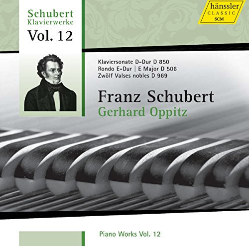 CD cover featuring a black-and-white piano keyboard image and Franz Schubert portrait.