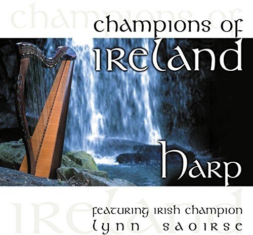 "CD cover featuring a harp in front of a waterfall, with text overlay."