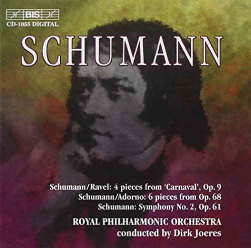 "CD cover featuring a black-and-white portrait of Schumann against a multicolored background."