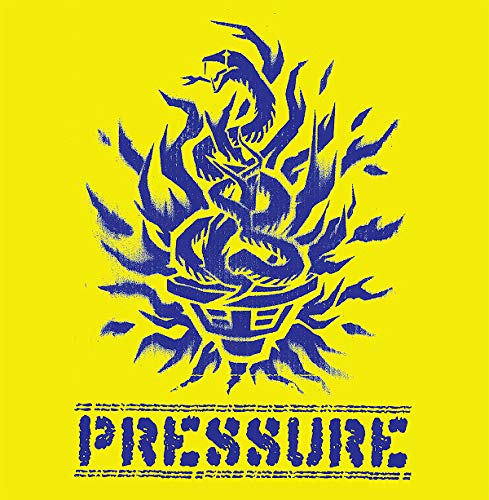 Yellow album cover with a blue, stylized dragon and the word "PRESSURE".