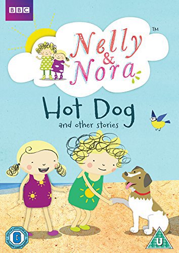 "Cartoon cover featuring two girls and a dog on a beach."