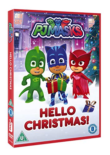 "Pj Masks Hello Christmas DVD case featuring cartoon characters in superhero costumes holding gifts."