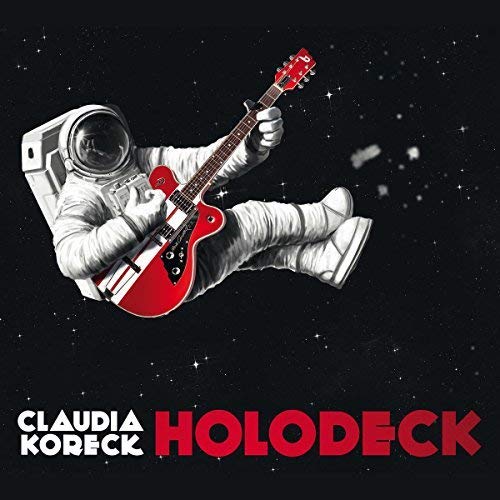 Astronaut playing a red electric guitar in a starry space scene.