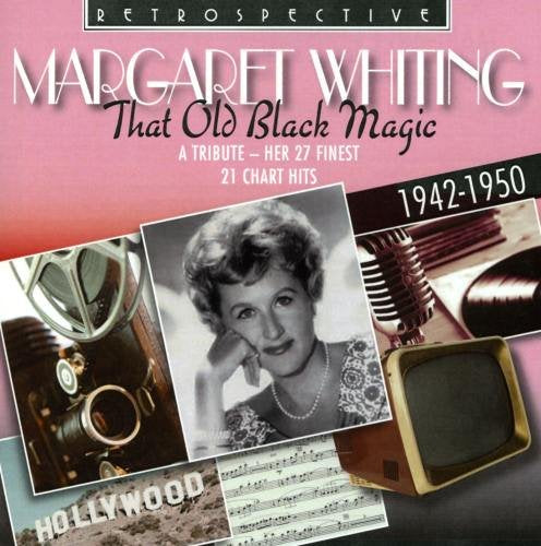 "CD cover with Margaret Whiting's portrait, microphone, and retro TV on pink background."