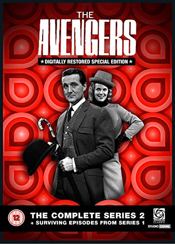 DVD cover for "The Avengers" series featuring two actors in vintage attire.