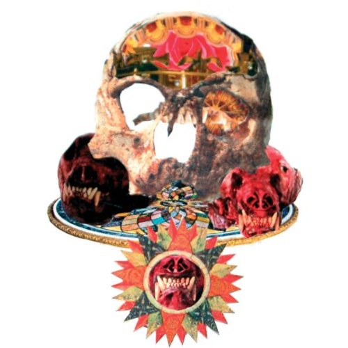 Collage of skulls, floral designs, and a starburst pattern on white background.