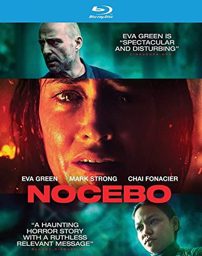 Blu-ray cover for horror film "Nocebo" featuring Eva Green and Mark Strong.