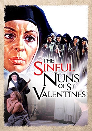 "Movie cover with nuns, a woman's face, and a scene of a woman being whipped."