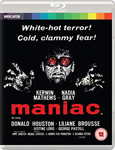 Maniac" Blu-ray cover featuring a distressed man with red eyes and outstretched hands.