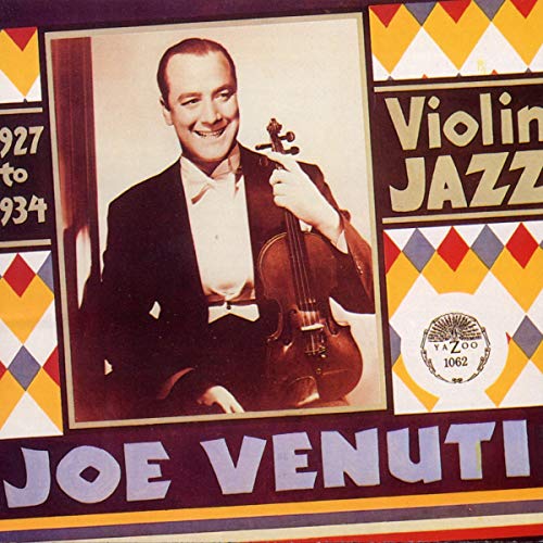 Joe Venuti smiling, holding a violin, on a colorful album cover.
