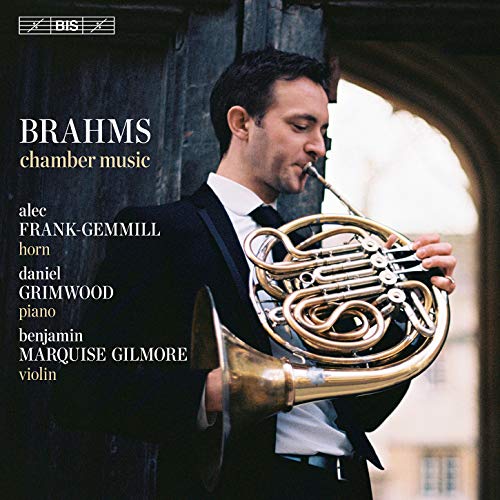 CD cover featuring a man playing a brass French horn, Brahms chamber music.