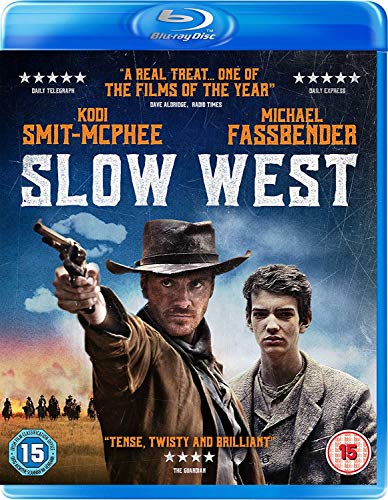 Slow West" Blu-ray cover featuring Kodi Smit-McPhee and Michael Fassbender in a Western setting.