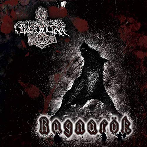 Black and white album cover depicting a large figure and small warriors.