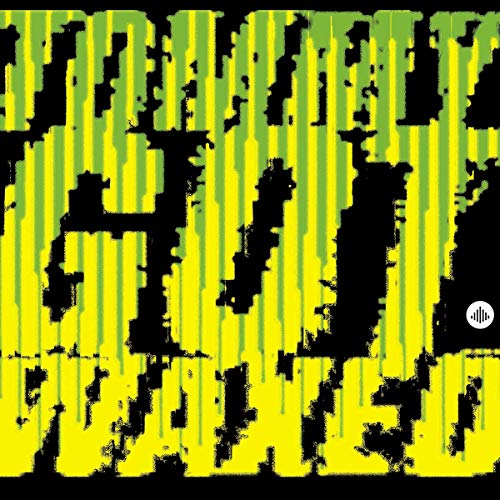 "Distorted green and yellow text on a black background with a small white logo."