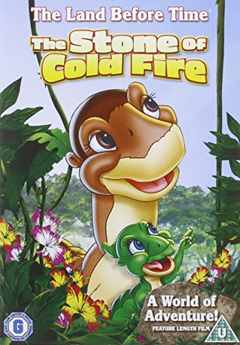 "Cartoon dinosaur DVD cover featuring a brown and green dinosaur in a floral landscape."