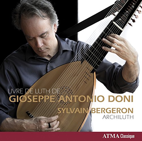Man playing a lute on a CD cover with text overlay and red banner.
