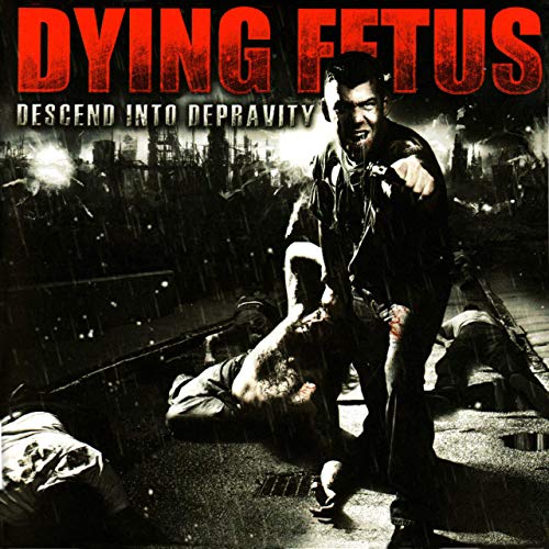 "Album cover: man holding knife, standing over bodies, with red title text."