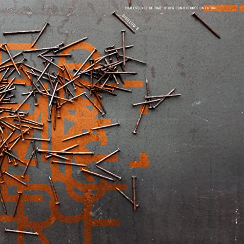 Dark gray background with scattered rusty nails and orange geometric shapes.