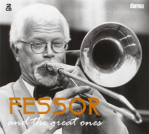 "Album cover with black and white photo of man playing trombone, text overlay."