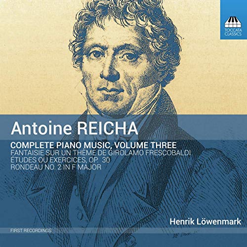 CD cover with illustration of Antoine Reicha and white text on blue background.