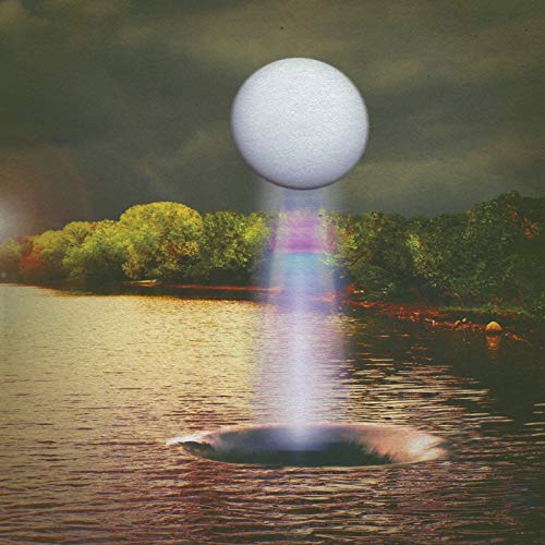 Album cover: landscape with water, glowing orb, and light beam.
