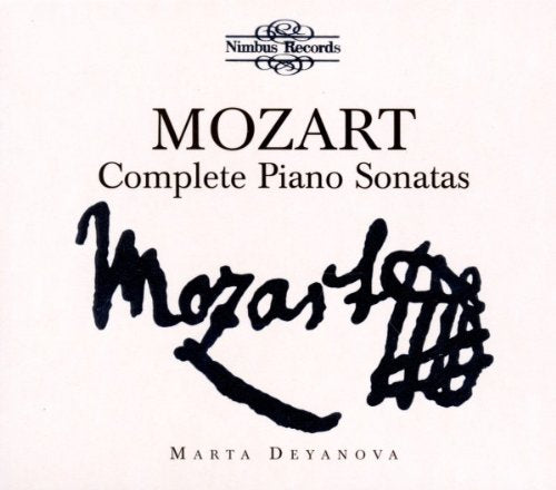 White CD cover with black text and signature, featuring Mozart's piano sonatas by Marta Deyanova.