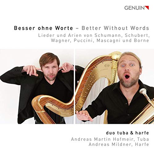 CD cover featuring two musicians with a harp and tuba.