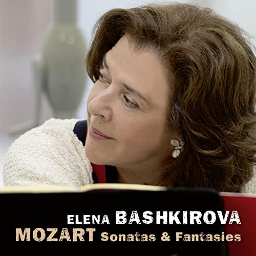 Close-up of Elena Bashkirova, pianist, with album title “Mozart Sonatas & Fantasies.”
