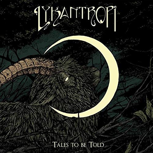 "Lykantropi album cover featuring a werewolf-like creature and a crescent moon in a dark forest."