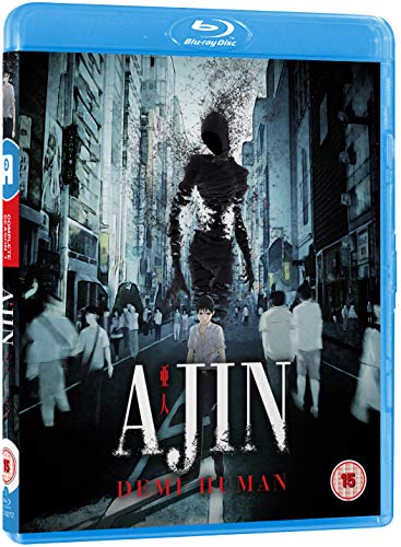 Blu-ray cover for anime *Ajin*, featuring a shadowy figure in a city.