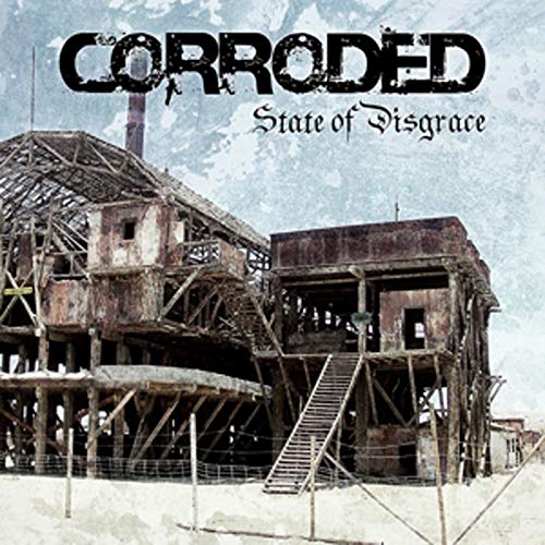 "Album cover featuring a dilapidated industrial building with metal structures and stairs."