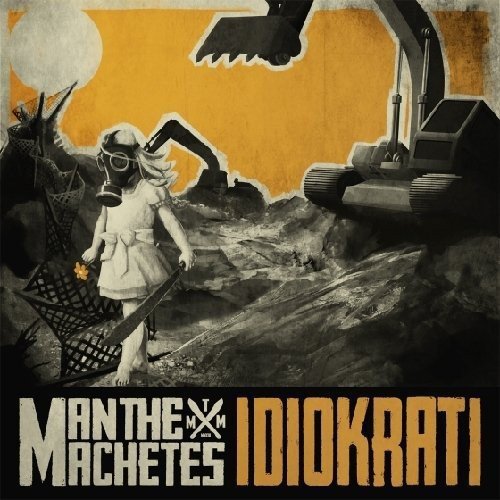 "Album cover featuring a girl in a gas mask amidst industrial machinery."