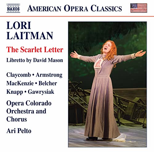 CD cover for “The Scarlet Letter” opera featuring Lori Laitman and a woman in period dress.